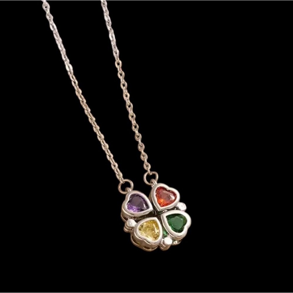Multicolor Silver Heart Clover Pendant Necklace - Picture 1 of 3